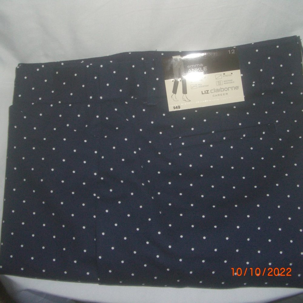 LIZ CLAIBORNE SLACKS BLUE IN COLOR W/ WHITE POLKA DOTS SIZE 12